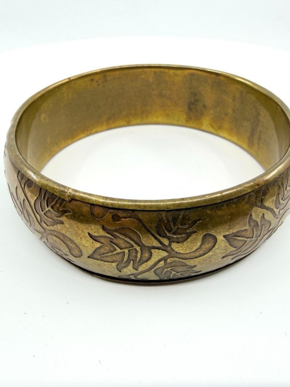 Vintage Brass & Gold Tone Etched Floral Ivy Bangle Bracelet Boho Botanical Cuff